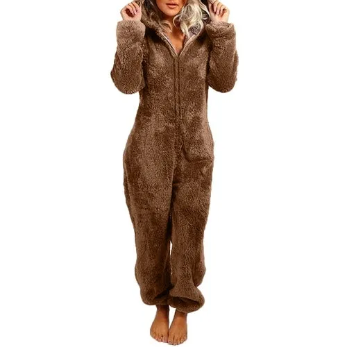 Women's Plush Romper Flannel Pajamas Long-sleeve Zipper