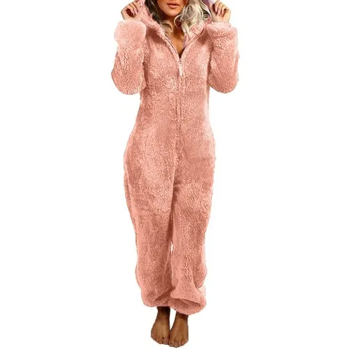 Women's Plush Romper Flannel Pajamas Long-sleeve Zipper