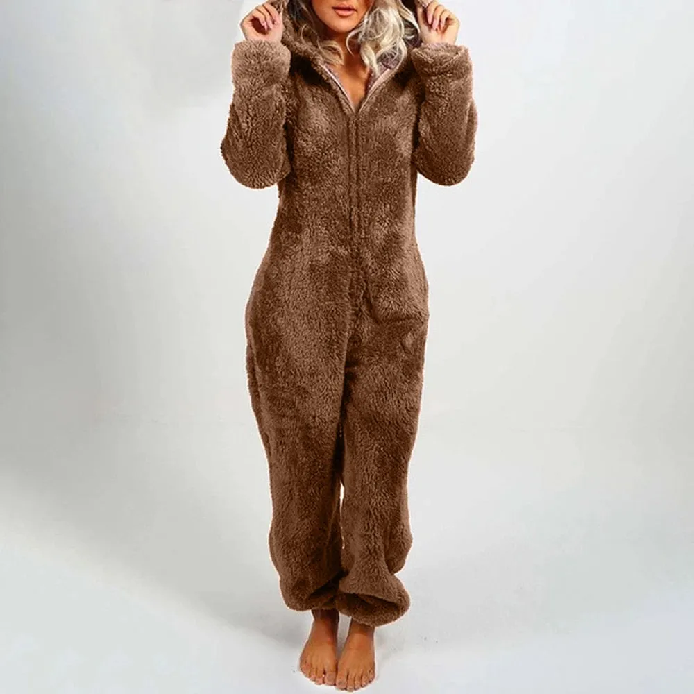 Women's Plush Romper Flannel Pajamas Long-sleeve Zipper