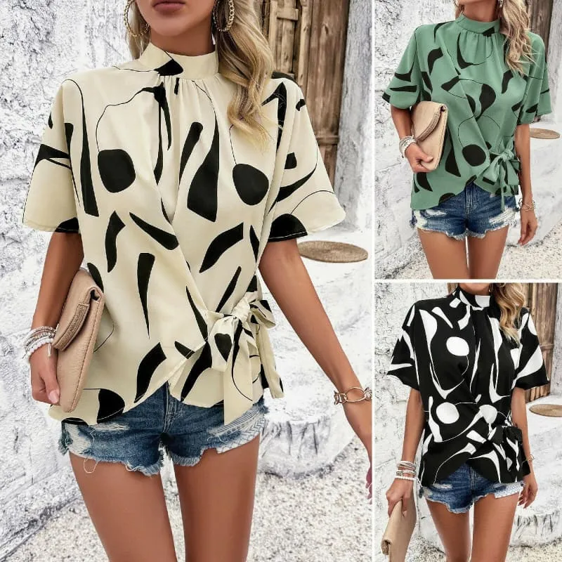 Womens Printed Short Sleeve Tie Waist Casual Loose Top in Black and Cream