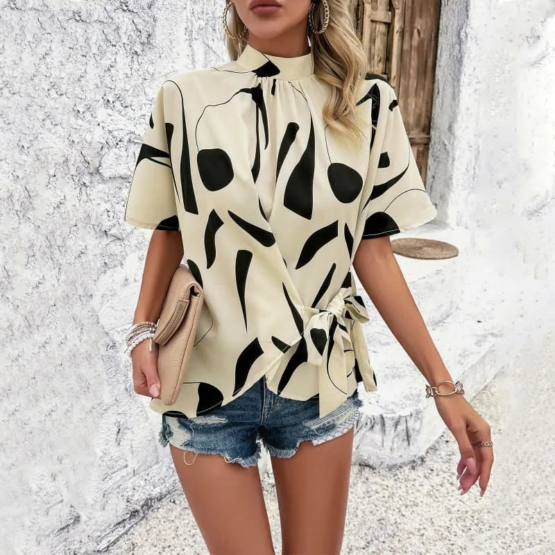 Womens Printed Short Sleeve Tie Waist Casual Loose Top in Black and Cream