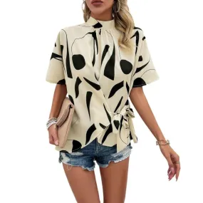 Womens Printed Short Sleeve Tie Waist Casual Loose Top in Black and Cream