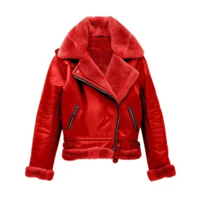 Women’s Red Genuine Sheepskin Faux Shearling Fur Leather Jacket