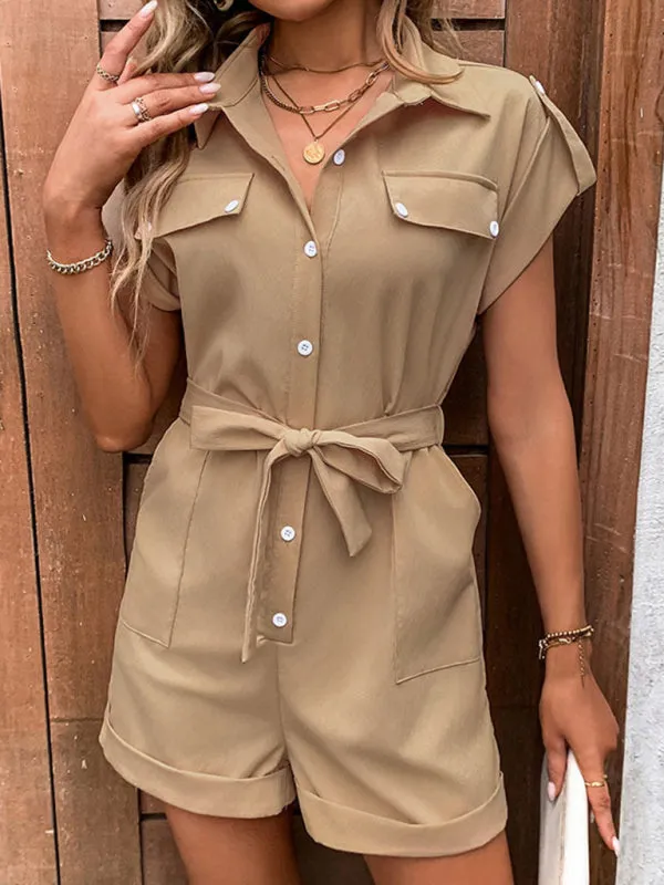 Women's Short-Length Flap Romper with Belt - Solid Utility Playsuit