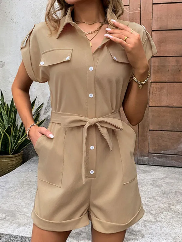 Women's Short-Length Flap Romper with Belt - Solid Utility Playsuit