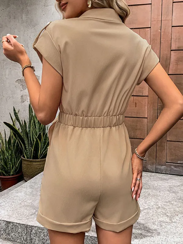 Women's Short-Length Flap Romper with Belt - Solid Utility Playsuit