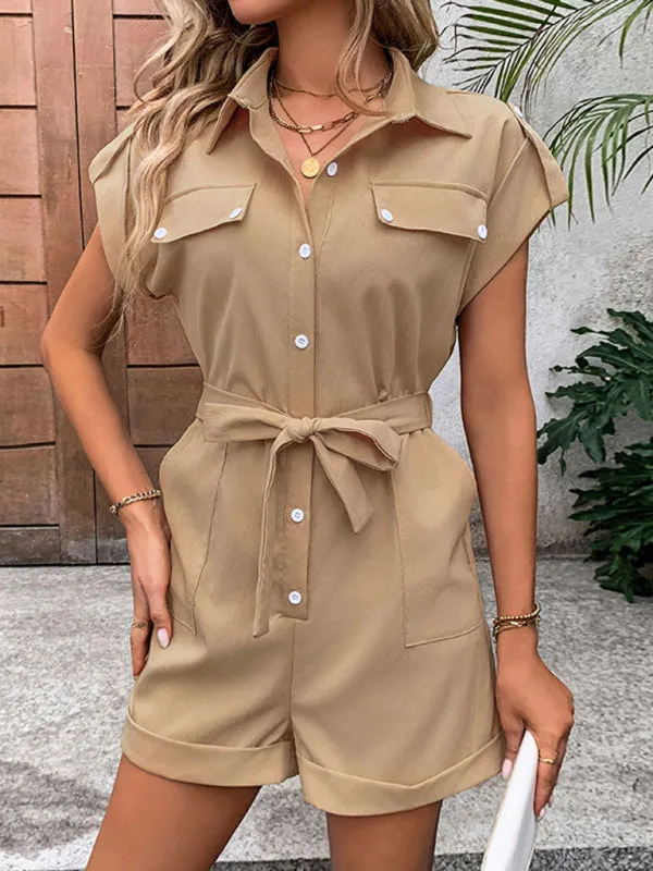 Women's Short-Length Flap Romper with Belt - Solid Utility Playsuit