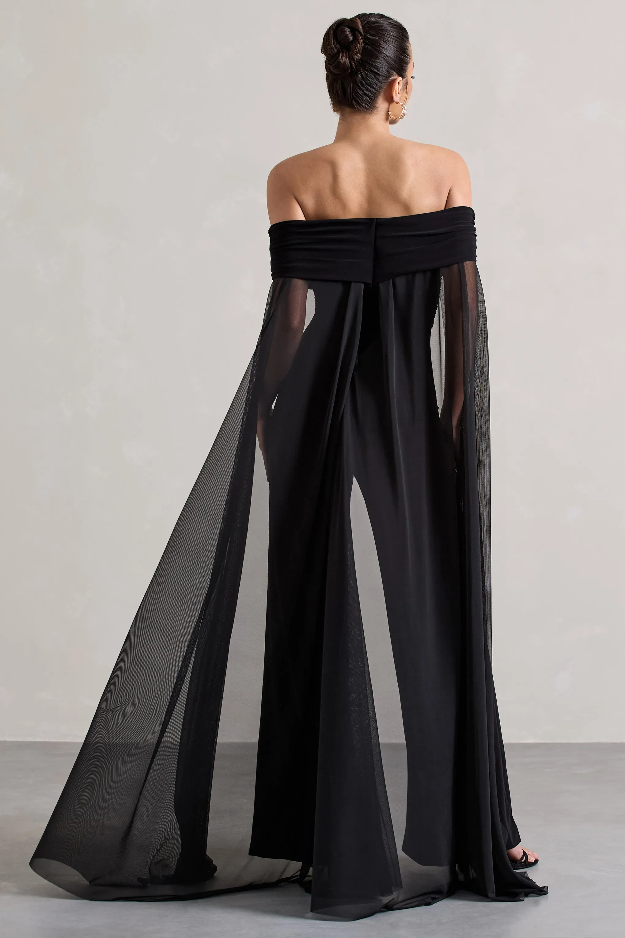 Zita | Black Bardot Jumpsuit With Chiffon Cape