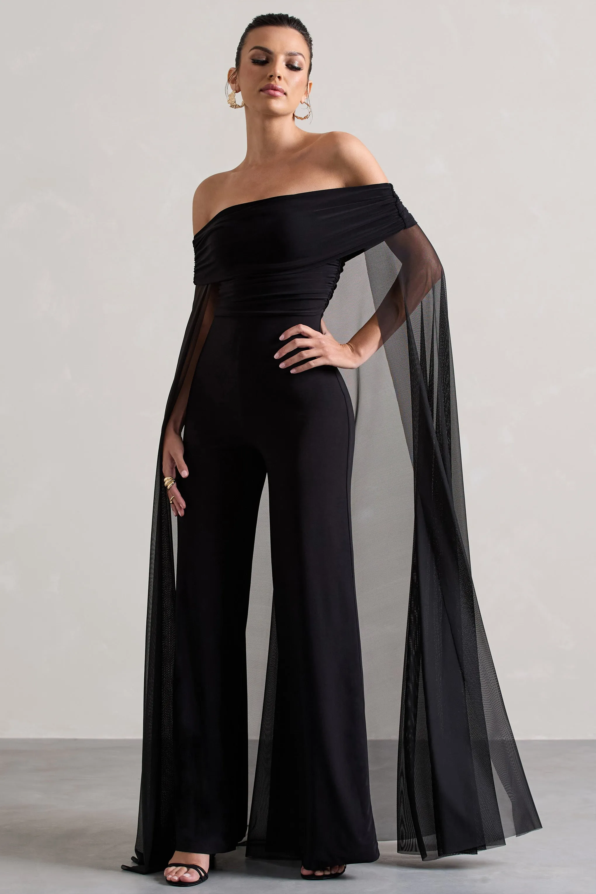 Zita | Black Bardot Jumpsuit With Chiffon Cape