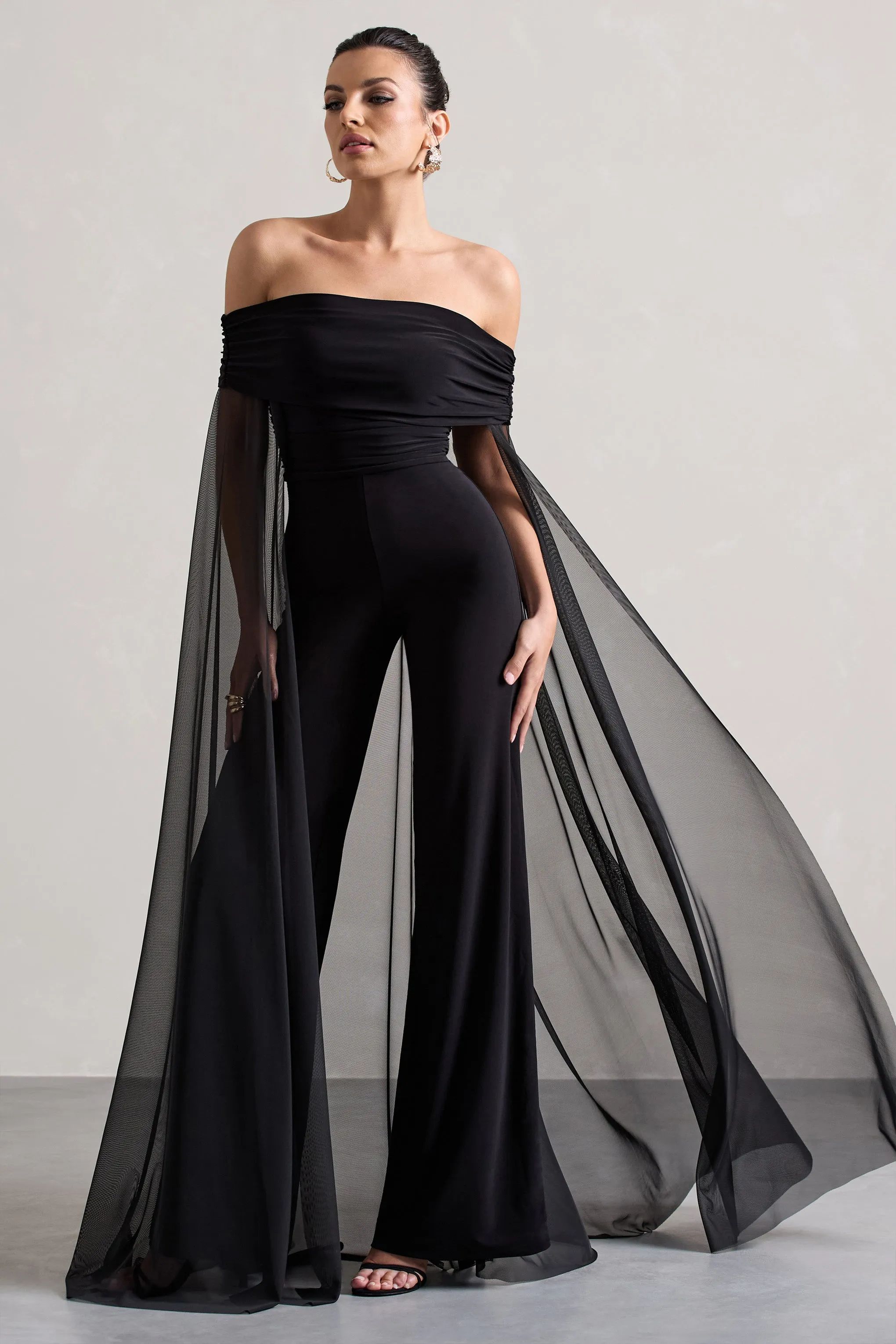 Zita | Black Bardot Jumpsuit With Chiffon Cape