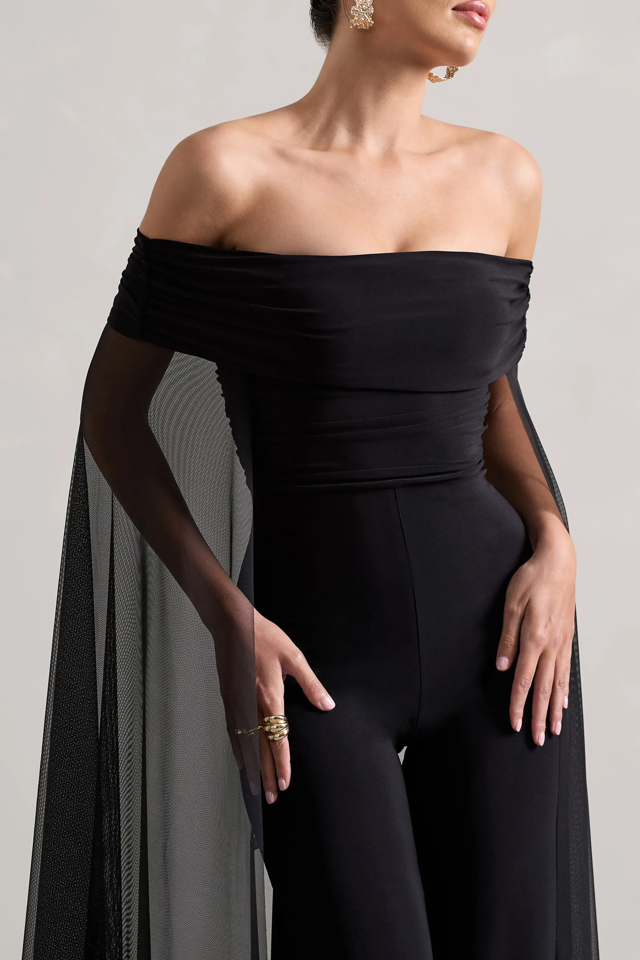 Zita | Black Bardot Jumpsuit With Chiffon Cape